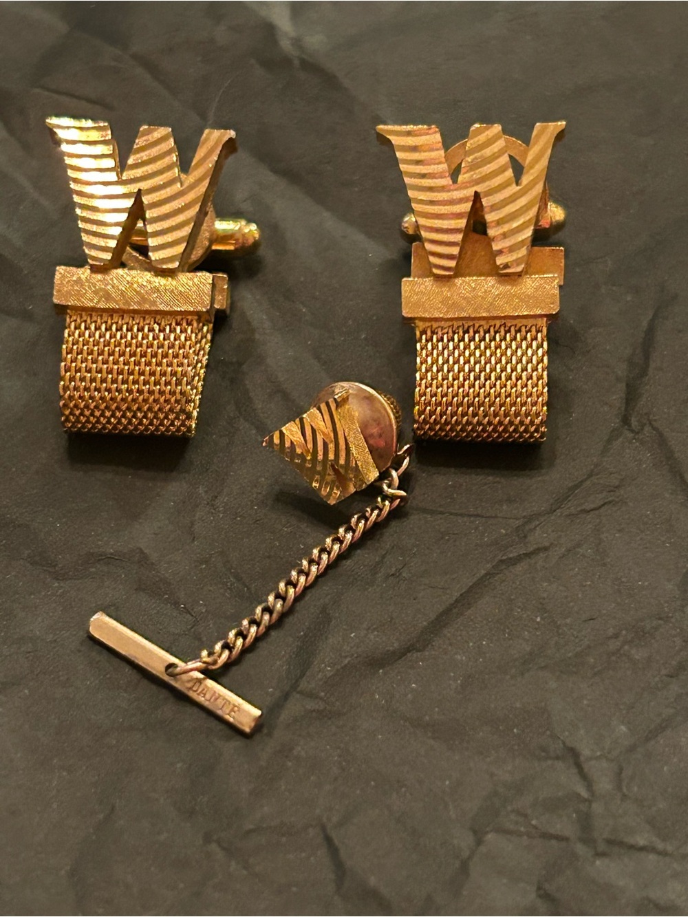 Dante Gold-Tone W Men's Cufflink and Tie Chain Set - Picture 2 of 3